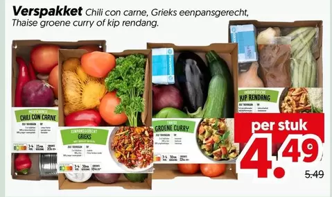 Verspakket Chili con carne, Grieks eenpansgerecht, Thaise groene curry of kip rendang